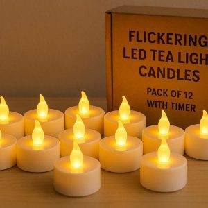 10 Flickering LED Tea Light Candles Pack of 12 with Timer