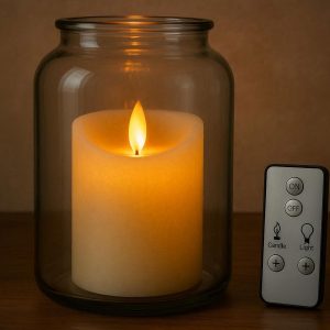 Large Glass Jar LED Candle with Flickering Flame Effect Remote